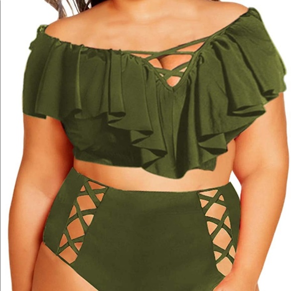 NEW SOVIYONTER Olive Ruffle High Waisted Swimsuit Bikini Set Bathing XL - Picture 1 of 9